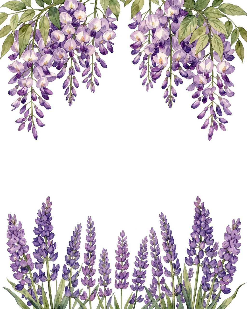 Soft watercolor wisteria hangs from the top and lavender rises from the bottom around an empty white central copy space.