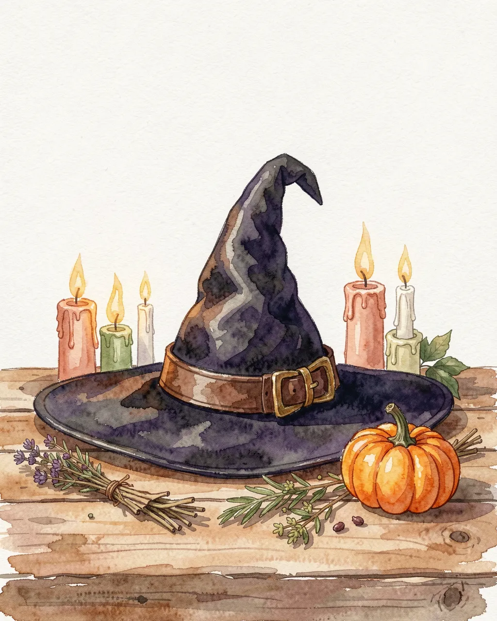 A watercolor illustration of a pointed witch hat, lit candles, dried herbs and a small pumpkin arranged on a wooden table