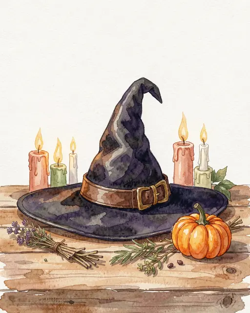 A watercolor illustration of a pointed witch hat, lit candles, dried herbs and a small pumpkin arranged on a wooden table