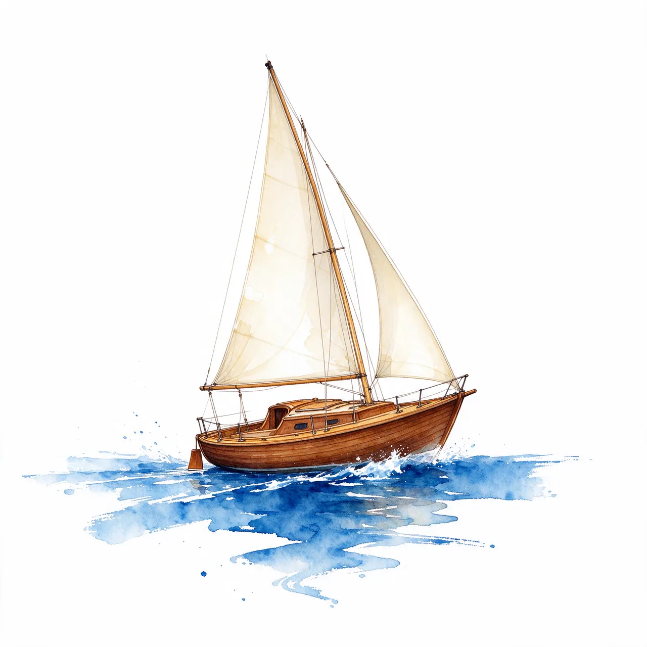 A small wooden sailboat with cream sails heels gently over loose blue watercolor washes on a white background