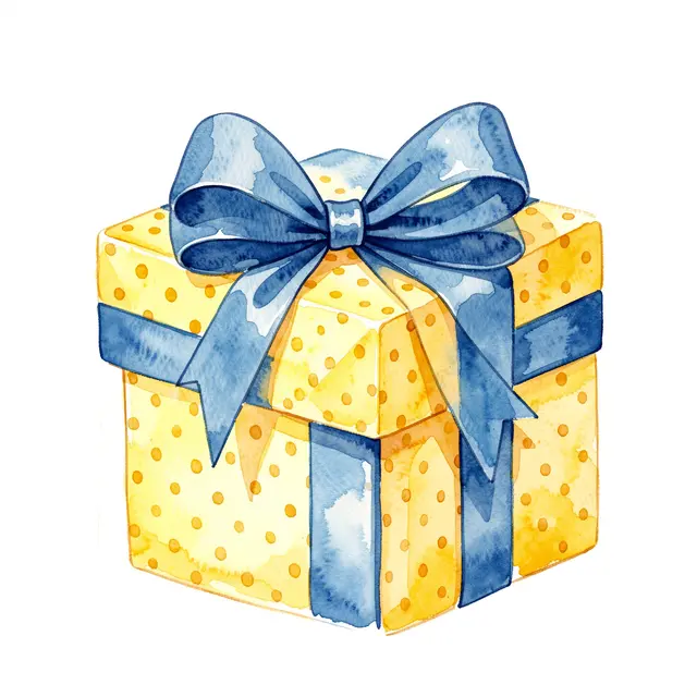 A watercolor illustration of a square gift box in yellow dotted paper with a wide blue ribbon bow on a plain white background