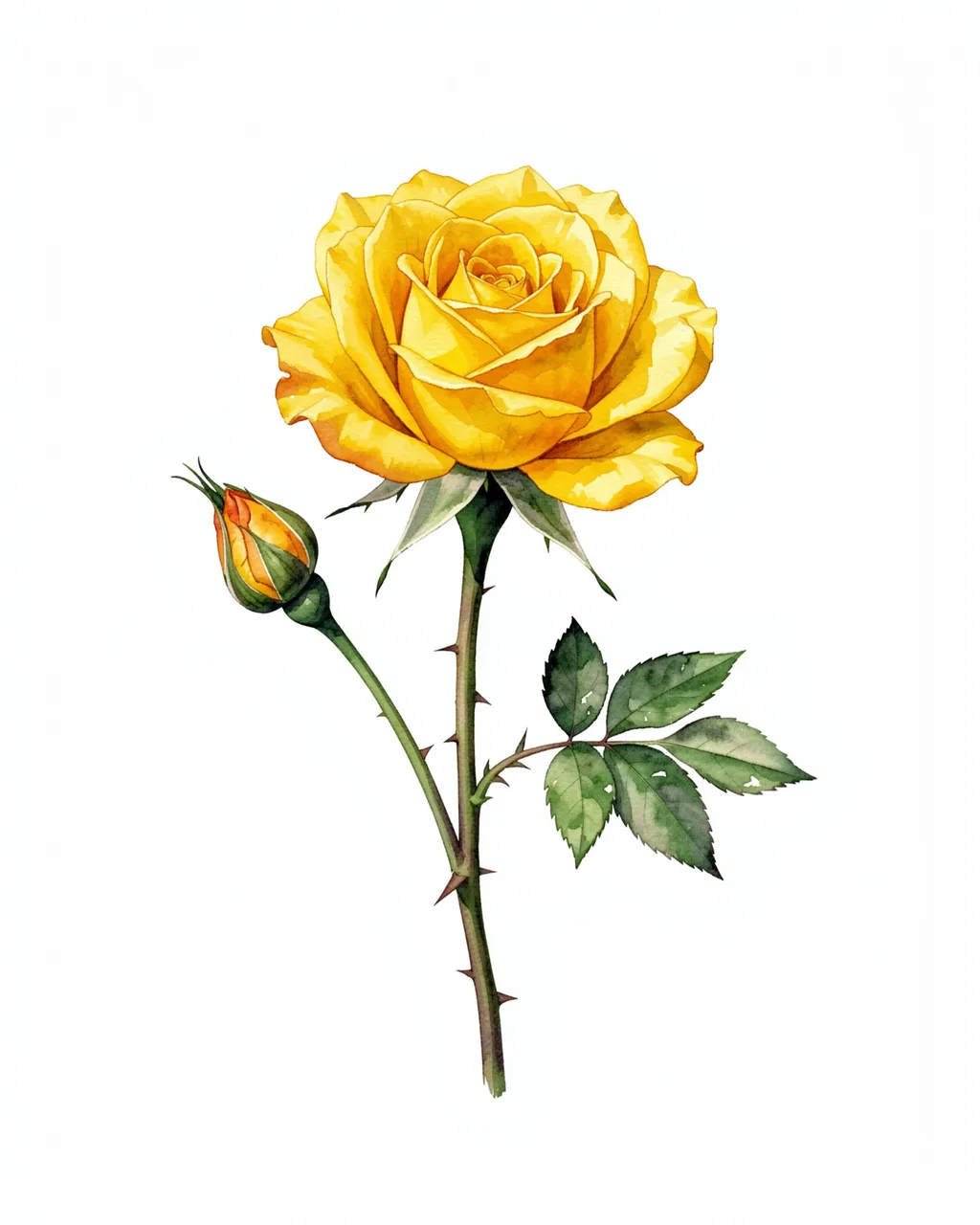 Watercolor illustration of a blooming yellow rose with a tight bud, thorny stem and green leaves on a plain white background