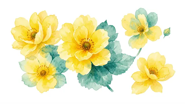 Loose watercolor painting of yellow flowers and teal leaves arranged on a plain white background