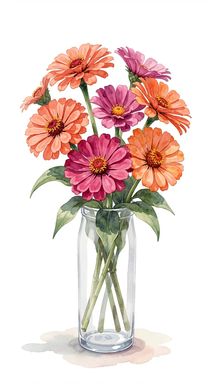 Loose watercolor painting of coral, magenta, and orange zinnias arranged in a tall clear glass vase against a plain white