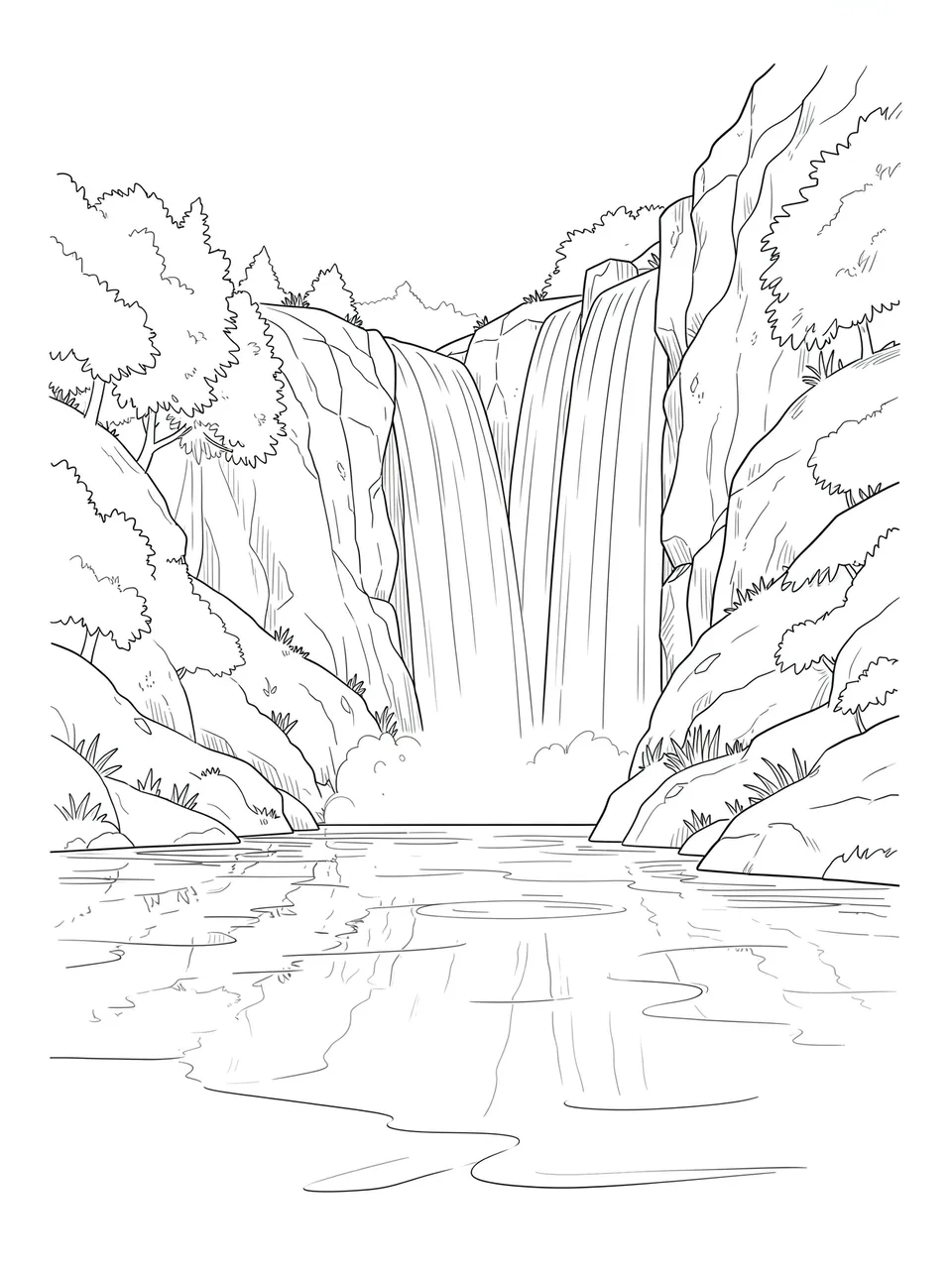 Fine line drawing of a cascading waterfall flowing into a calm still pool surrounded by rocky cliffs and trees