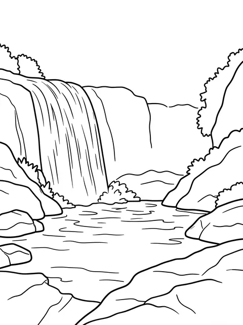 Bold black and white line art of a waterfall flowing into a rocky pond on a plain white background