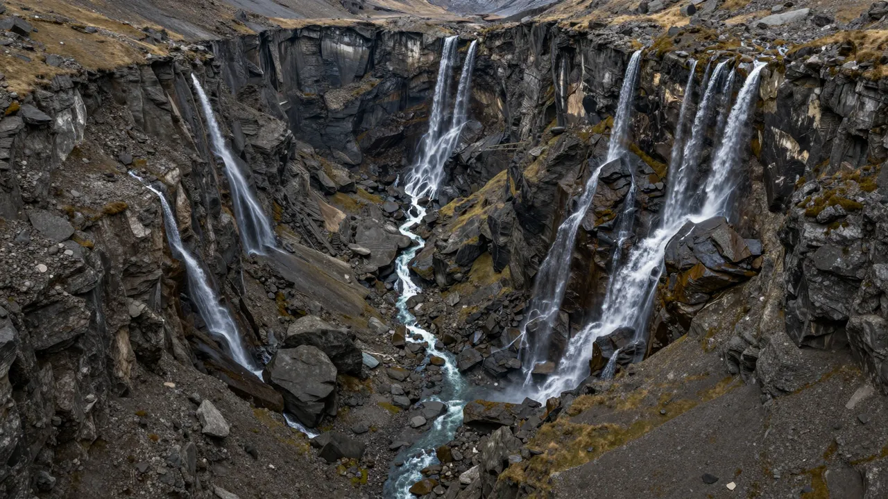 Multiple cascading waterfalls tumble down steep rocky walls of a U-shaped glacial valley into a central stream