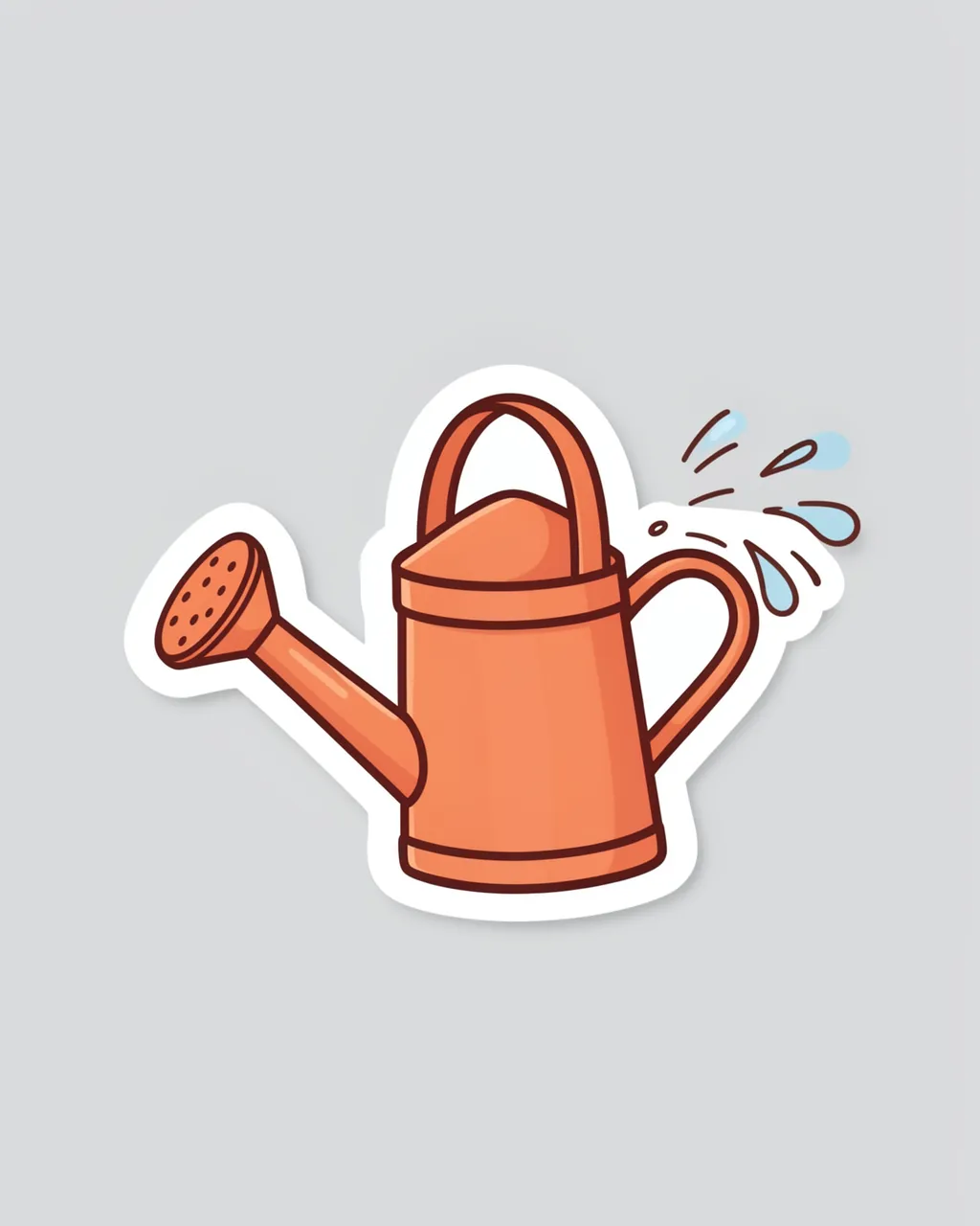 A cute die-cut sticker of an orange copper watering can sprinkling water on a light gray background