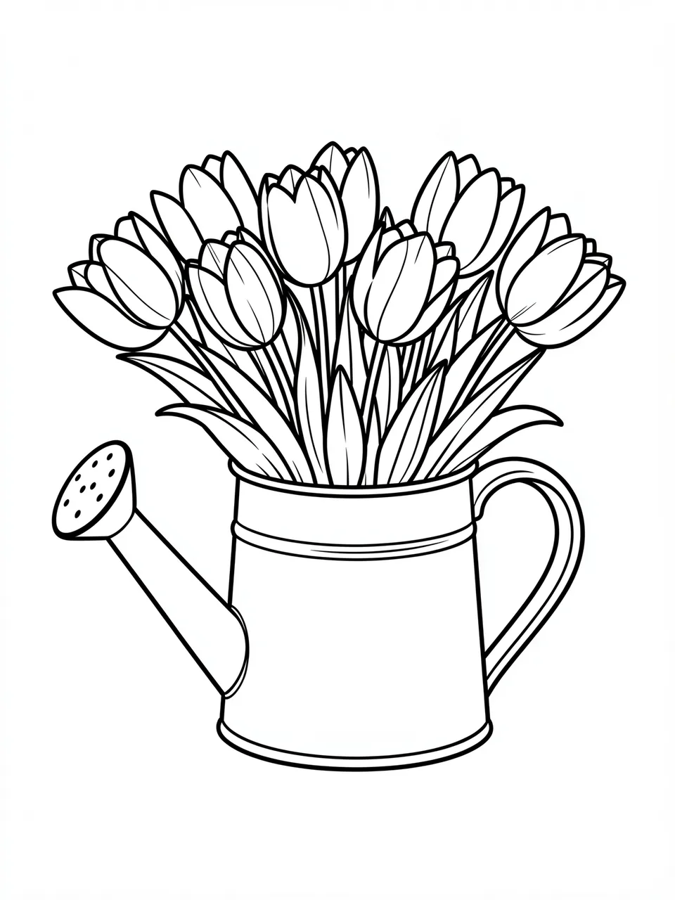 Black and white bold line art of a watering can filled with tulips on a plain white background