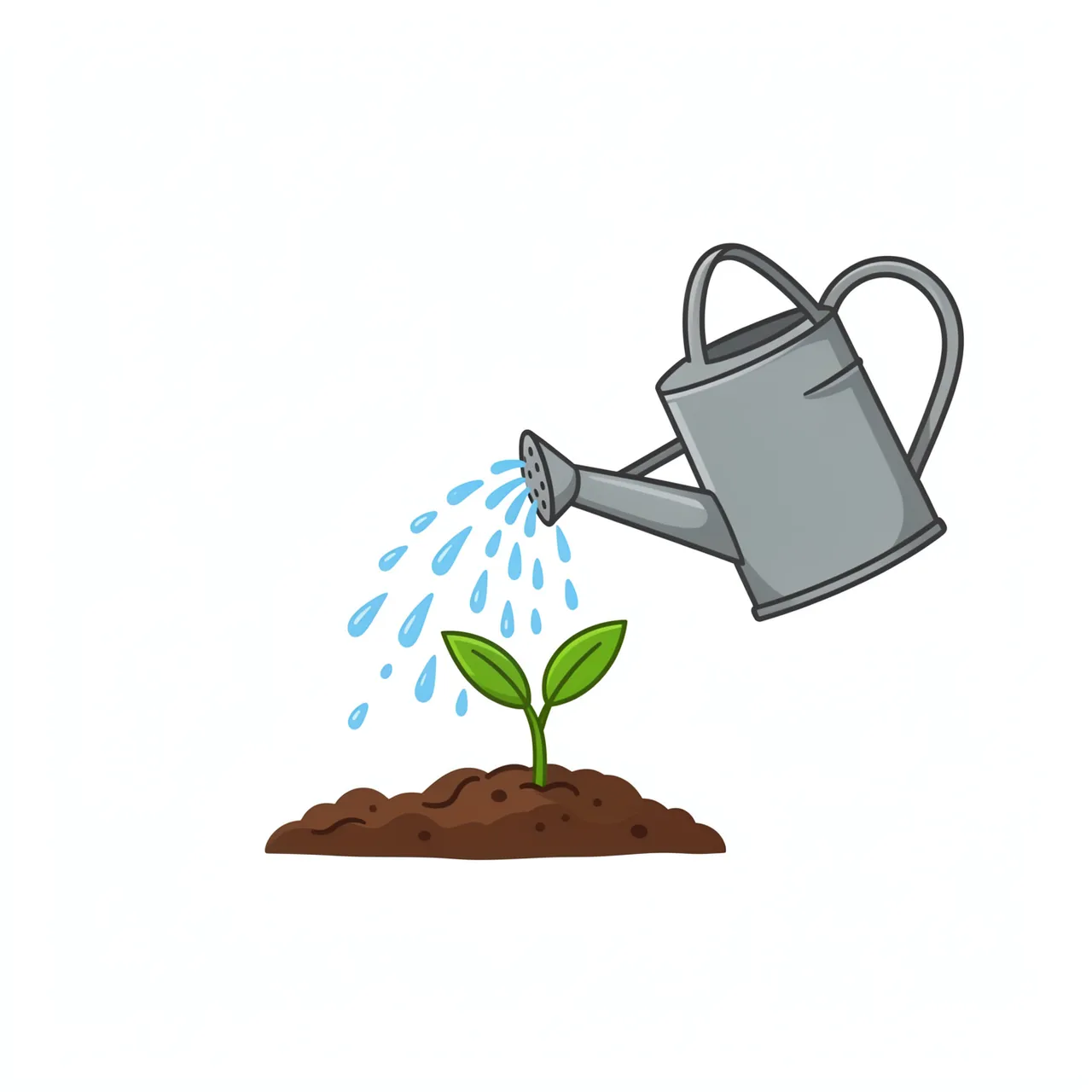 A cartoon style gray watering can sprinkles water onto a small green seedling growing in brown soil, isolated on white.