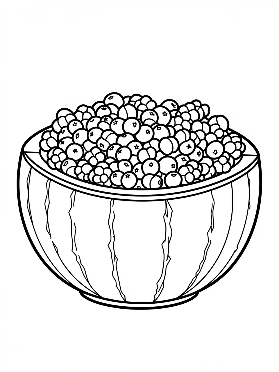 Bold black and white line art of a carved watermelon bowl filled with assorted berries on a plain white background