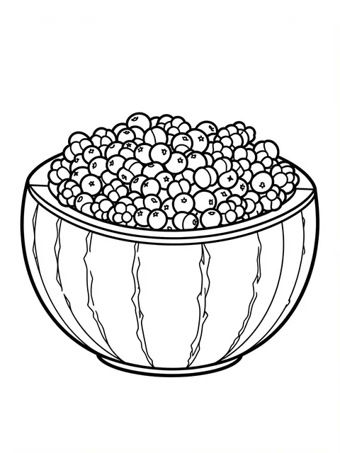 Bold black and white line art of a carved watermelon bowl filled with assorted berries on a plain white background
