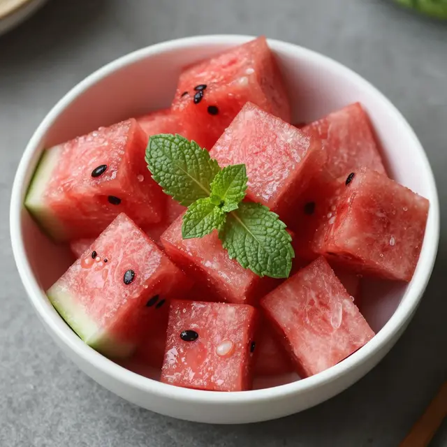 Top down view of a white bowl holding fresh watermelon cubes garnished with a mint sprig on a gray surface
