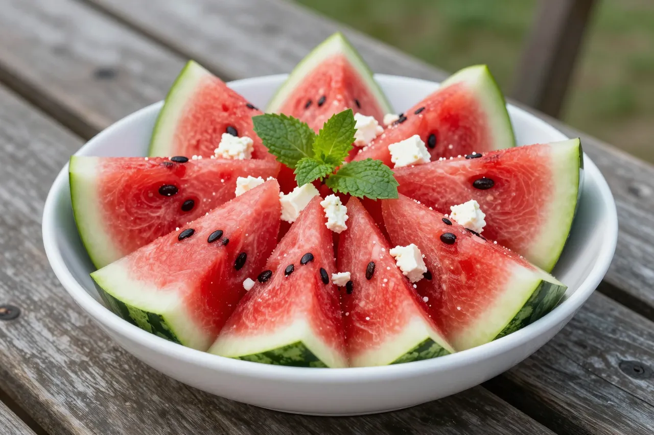 Bowl of sliced watermelon with feta cheese and mint sits on a weathered wooden picnic table