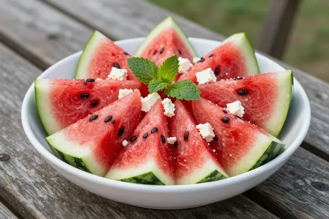 Bowl of sliced watermelon with feta cheese and mint sits on a weathered wooden picnic table