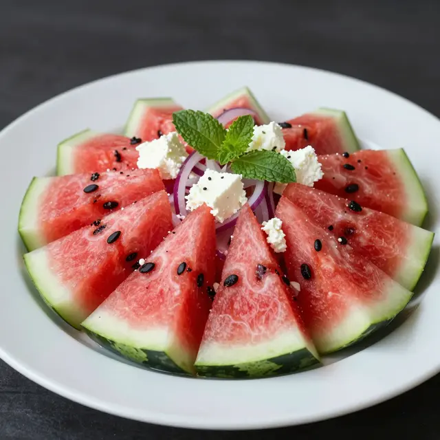 A fresh watermelon feta salad with mint and red onion arranged on a white ceramic plate.