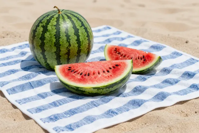 Whole and sliced ripe watermelon rest on a blue and white striped towel atop sunny beach sand.