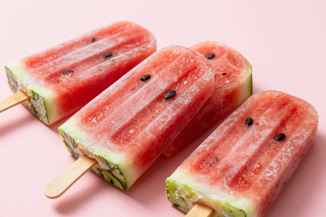 Four frosty watermelon themed popsicles rest on a solid soft pink background