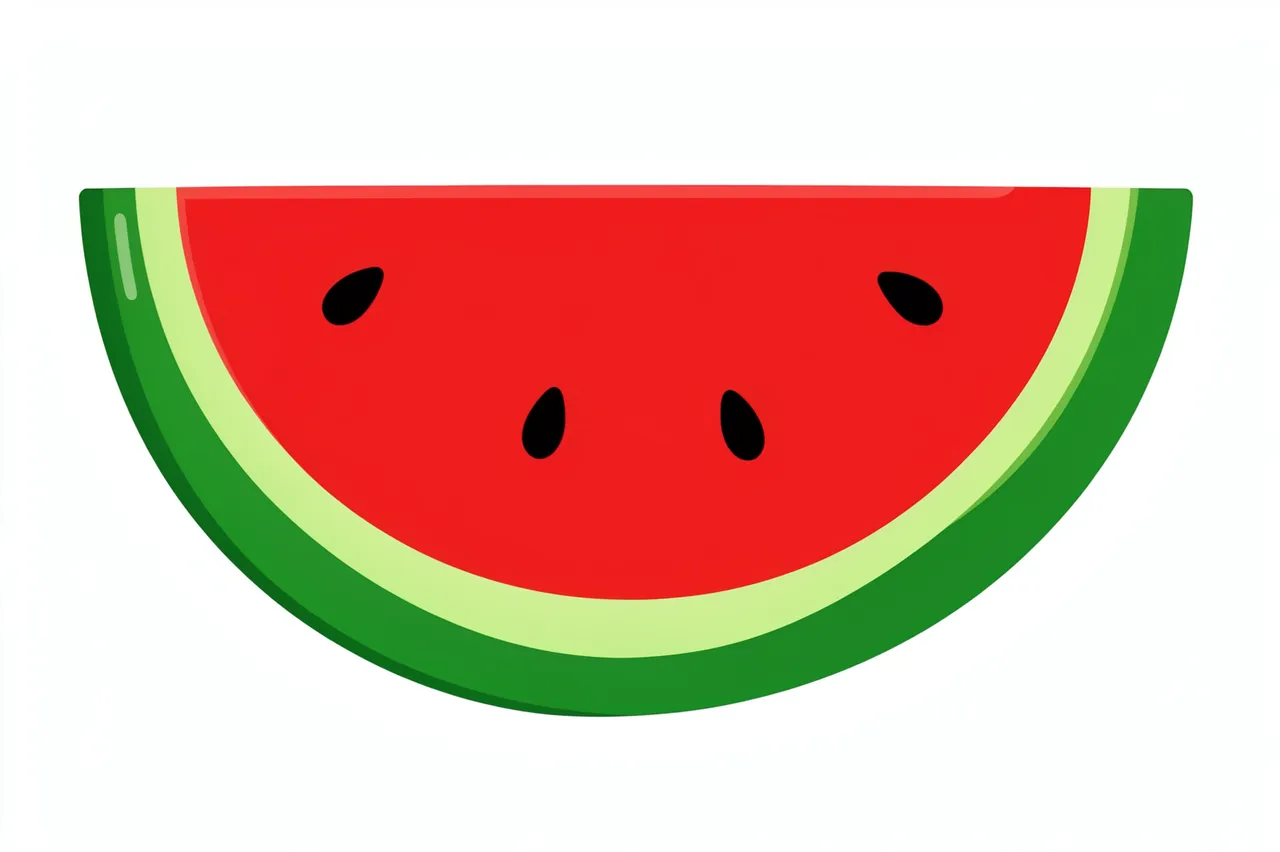 Flat illustration of a crescent watermelon slice with green rind, red flesh, and black seeds on a white background