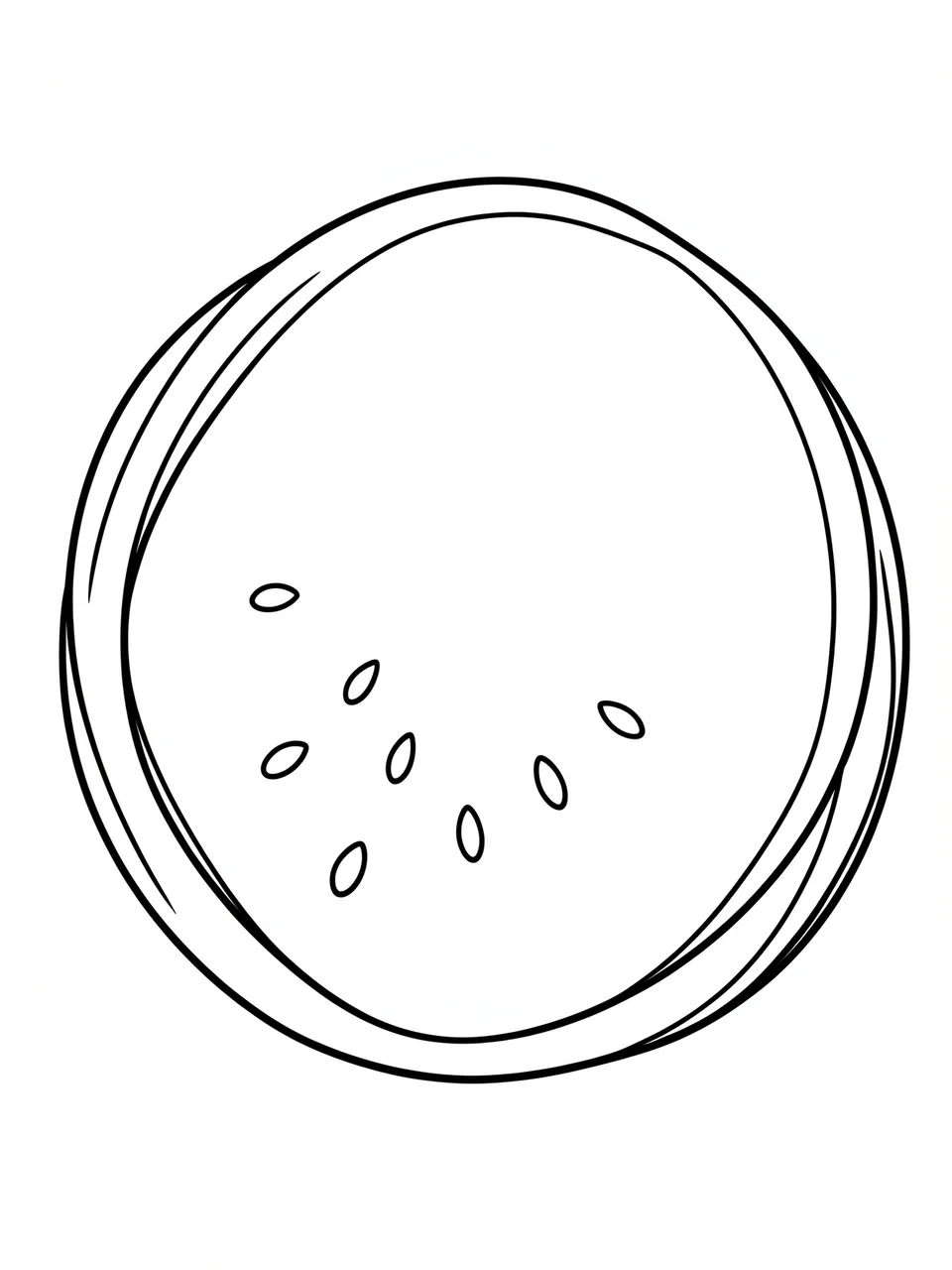 Black and white bold line drawing of a round watermelon slice with seeds on a plain white background
