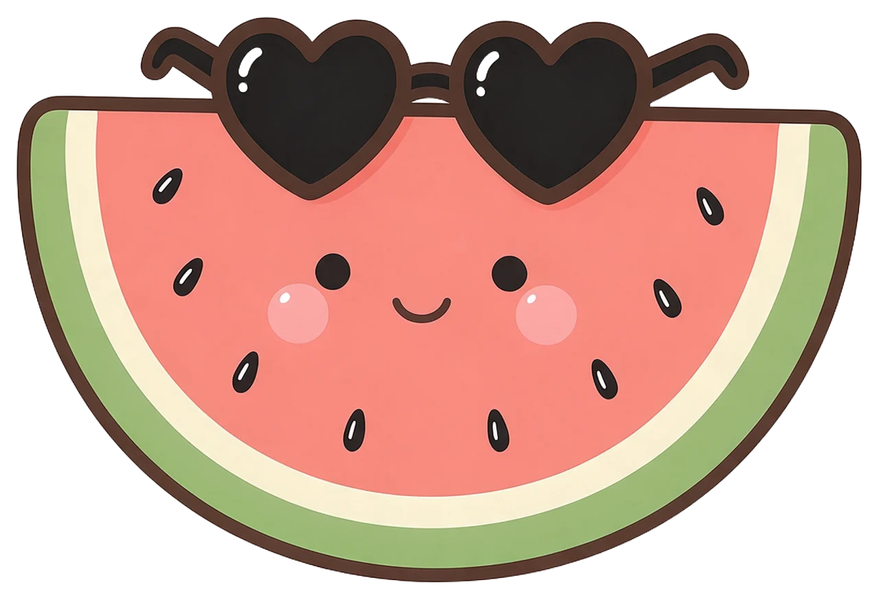 Cute kawaii watermelon slice character wearing heart-shaped black sunglasses with a small smile and pink blush cheeks