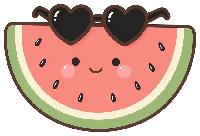 Cute kawaii watermelon slice character wearing heart-shaped black sunglasses with a small smile and pink blush cheeks