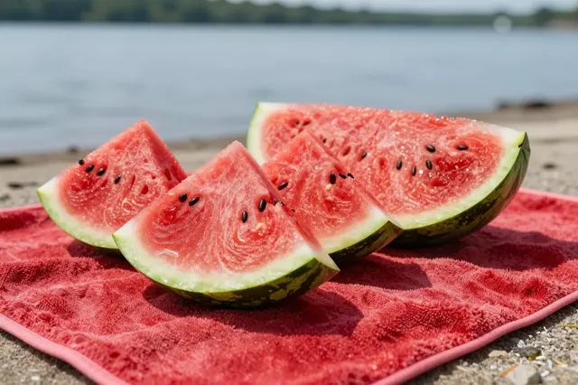 Fresh watermelon slices rest on a faded red beach towel at a sunny lakeside shore