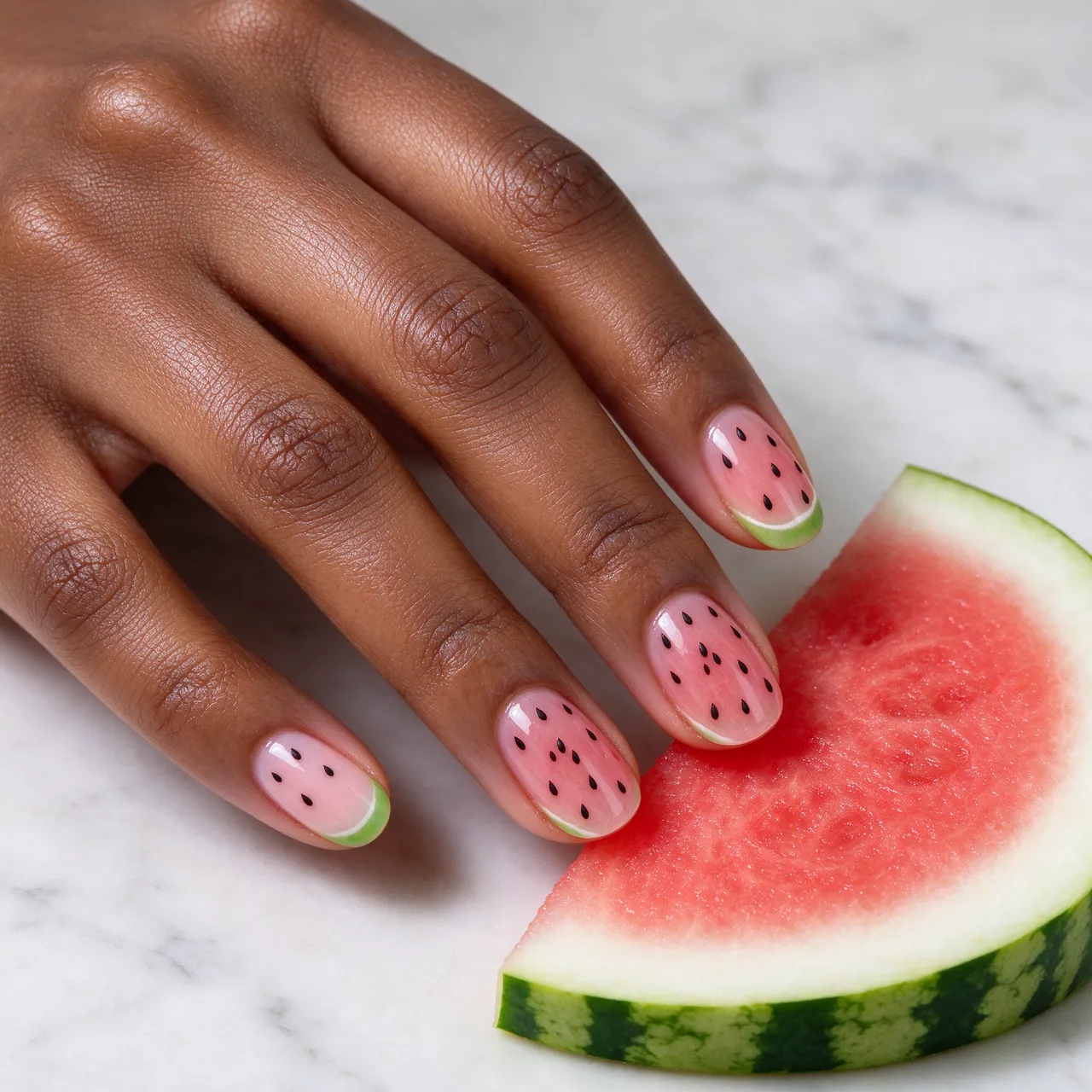 Close-up of a Black woman's hand with watermelon nail art resting beside a fresh watermelon slice on marble