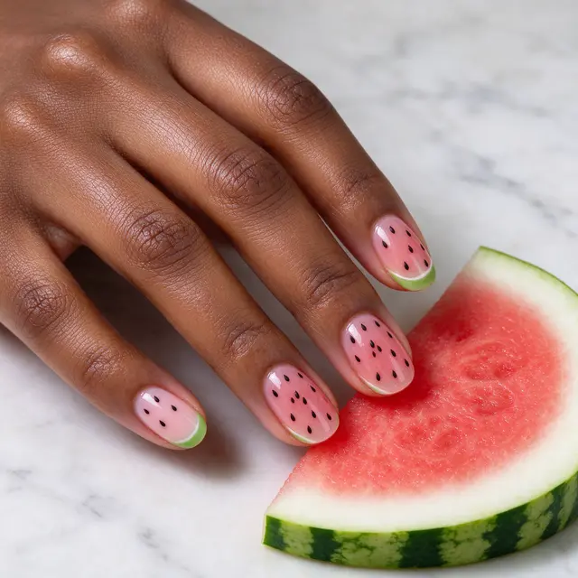 Close-up of a Black woman's hand with watermelon nail art resting beside a fresh watermelon slice on marble
