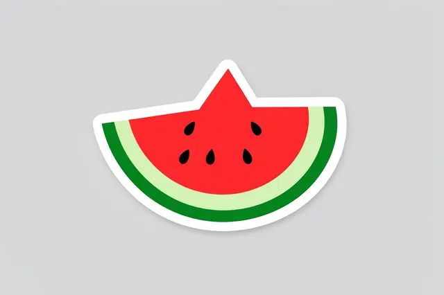 A cute flat illustration watermelon wedge sticker with a thick white border on a light gray background