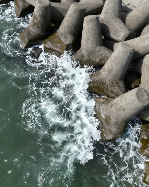 Aerial top-down view of foamy ocean waves crashing against stacked concrete breakwater tetrapods