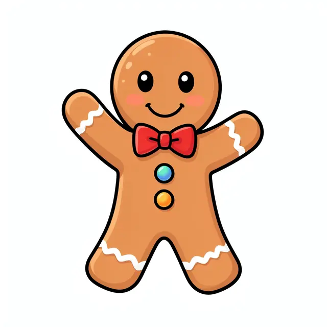 A cheerful cartoon gingerbread man with a red bow tie and gumdrop buttons waves against a plain white background