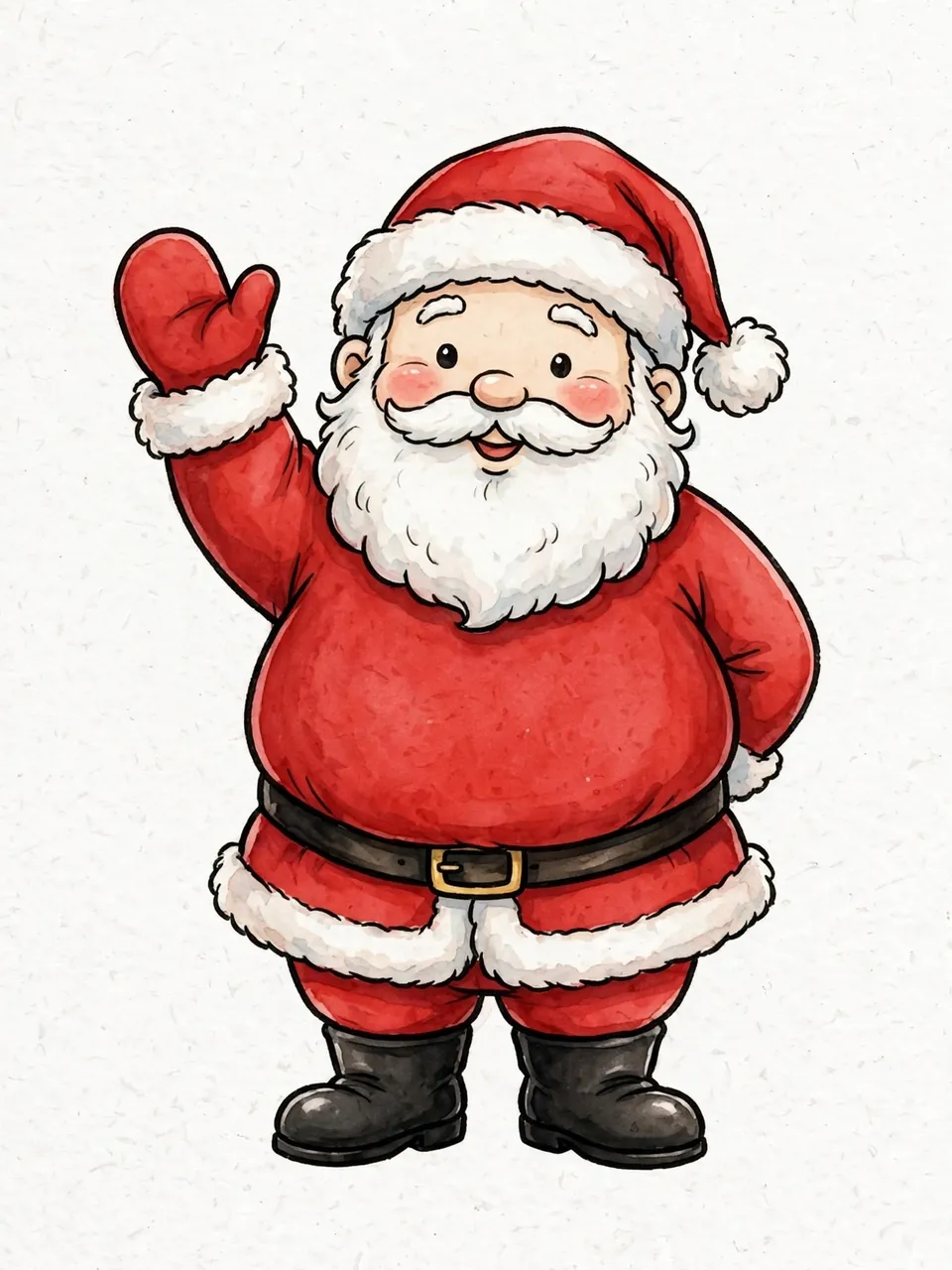 Cartoon jolly Santa Claus in a red suit waves cheerfully against a light textured white background