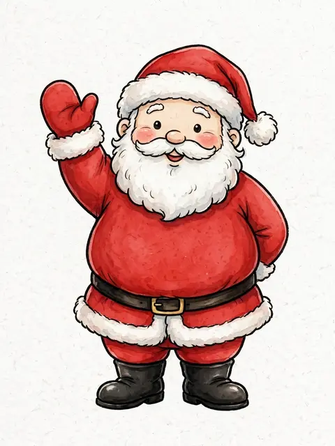 Cartoon jolly Santa Claus in a red suit waves cheerfully against a light textured white background