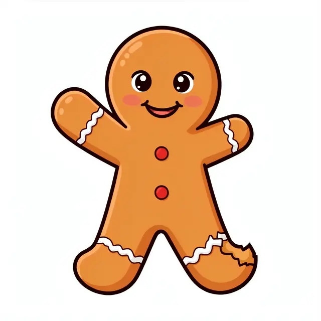 Cute cartoon gingerbread man with a bite missing from one foot waves cheerfully on a plain white background