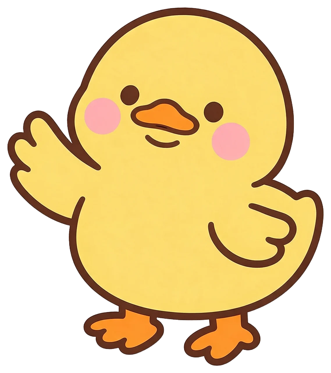 Cute chubby yellow kawaii duckling waving with one wing, smiling softly
