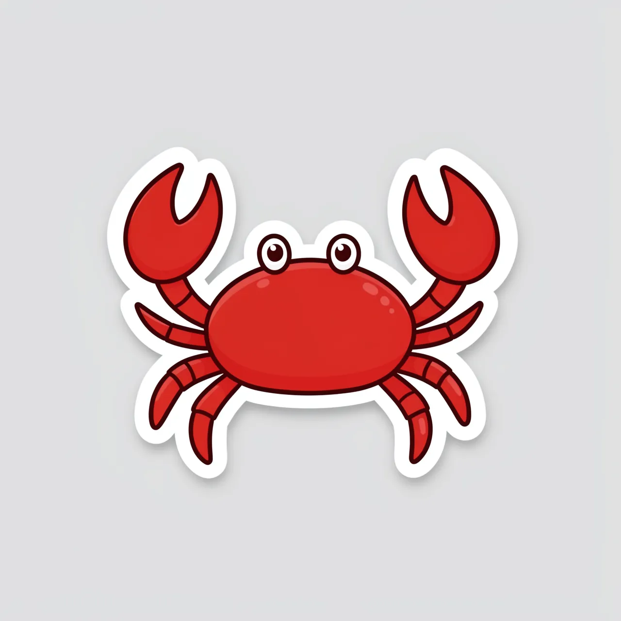 Cute flat illustration of a red crab sticker with a thick white border on a light gray background