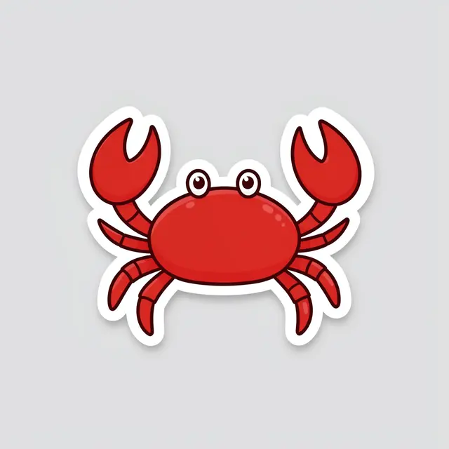 Cute flat illustration of a red crab sticker with a thick white border on a light gray background
