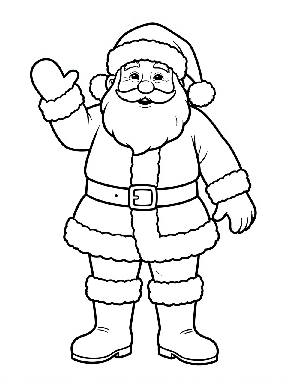 Black and white bold line art of a waving Santa Claus on a plain white background