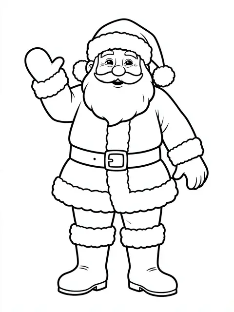 Black and white bold line art of a waving Santa Claus on a plain white background