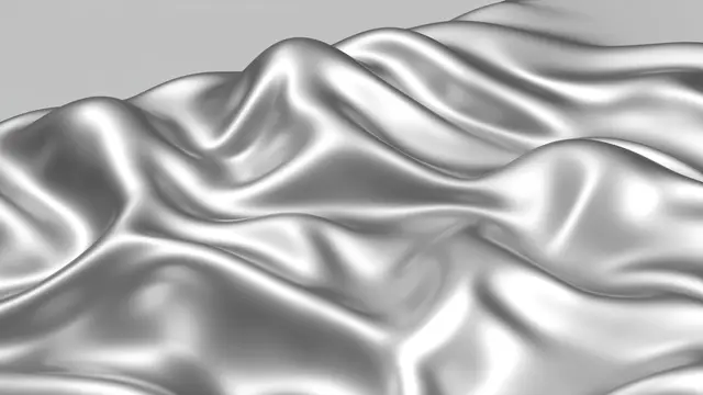 Smooth flowing wavy silver metallic 3D surface with soft glossy highlights against a light gray background