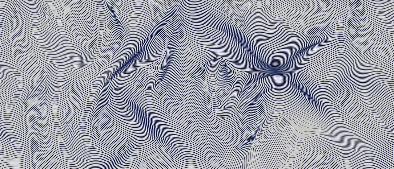 Flowing fine navy op art lines ripple in waves across a pale gray background, denser at the center