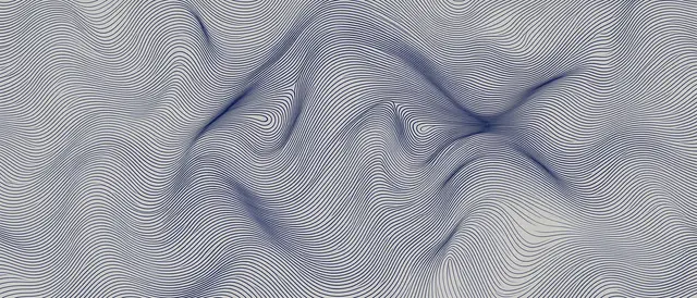 Flowing fine navy op art lines ripple in waves across a pale gray background, denser at the center