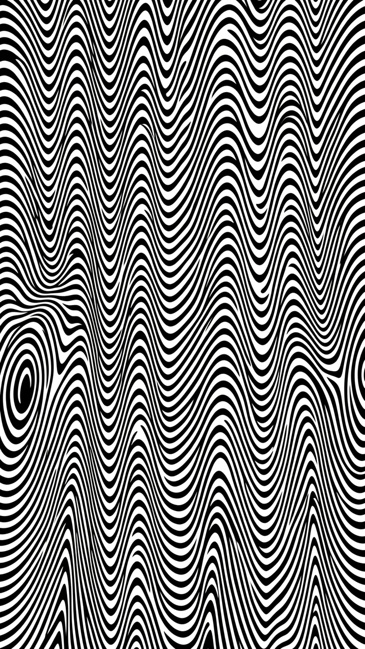 Vertical abstract op art pattern of undulating black and white wavy lines creating a heat haze distortion effect