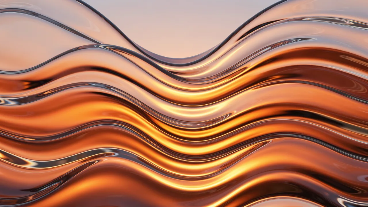 Glossy undulating clear glass waves warp a warm soft sunset gradient into flowing rippled bands