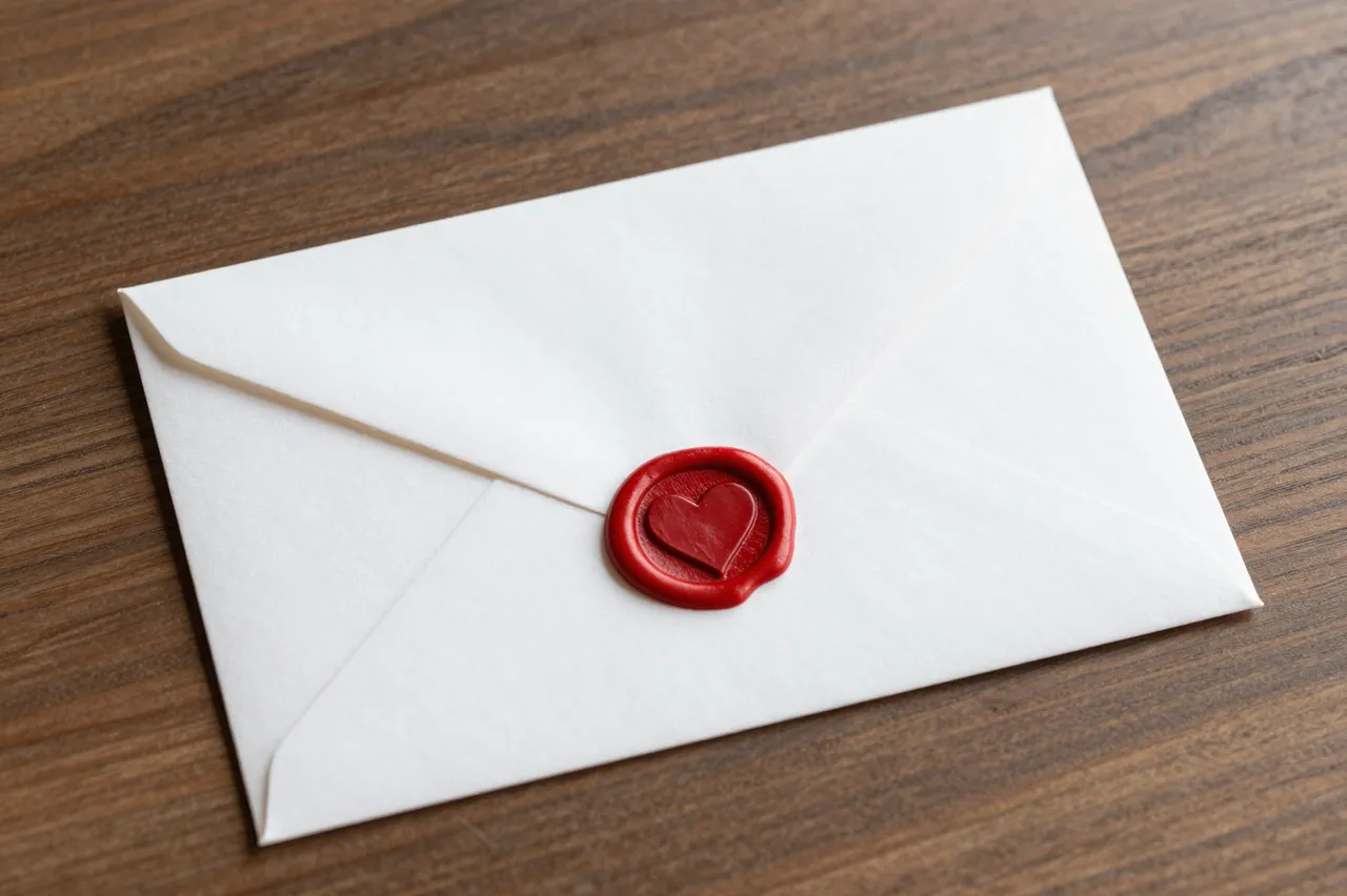 A sealed white envelope with a red wax heart seal rests on a dark wooden table.