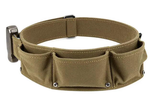 Brown waxed canvas tool belt with pouches and hammer loop against a plain white background