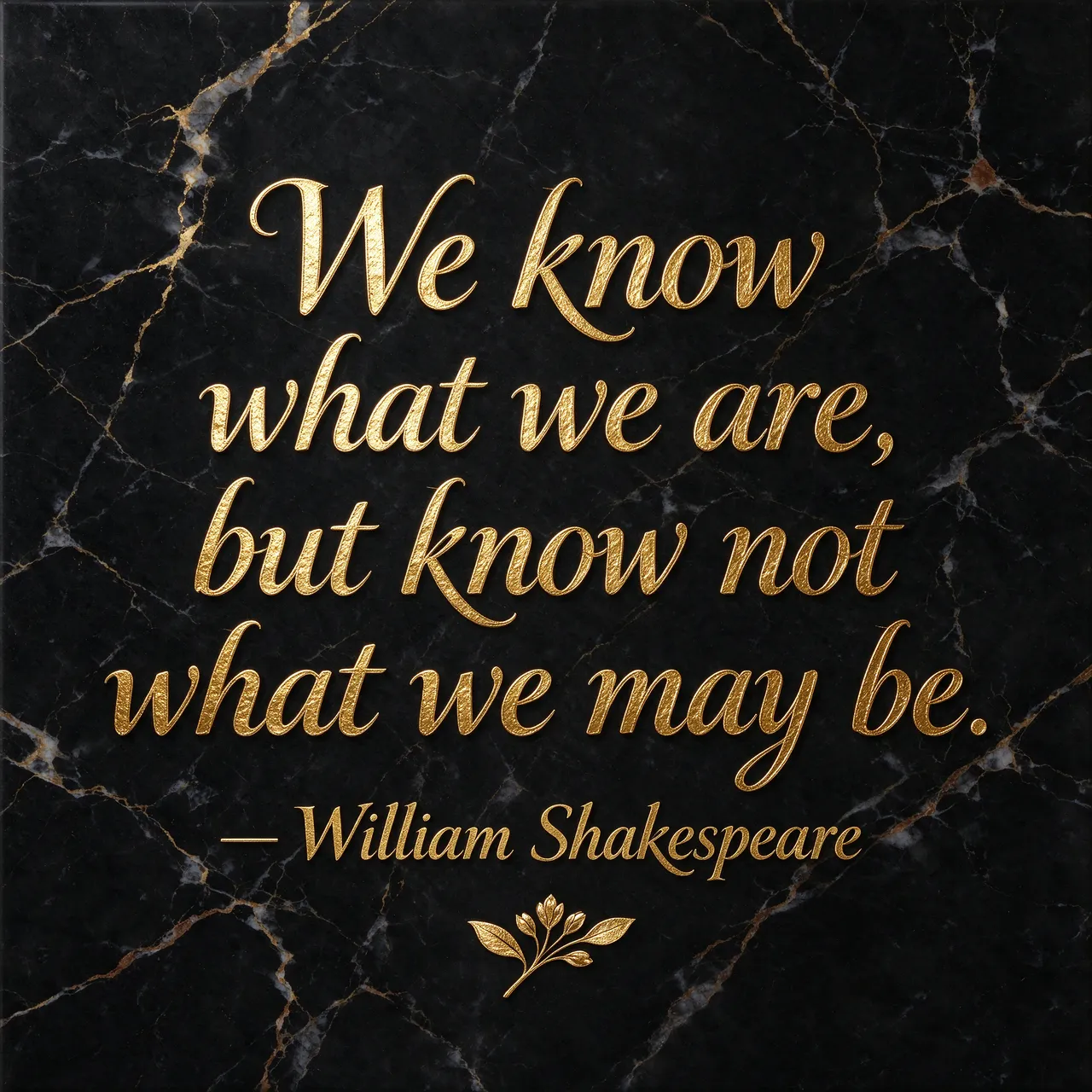 Gold foil script quote reading "We know what we are, but know not what we may be" on polished black marble