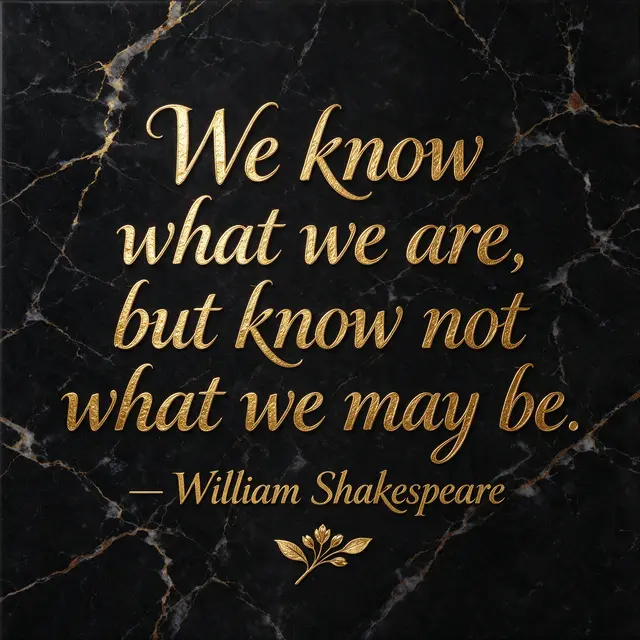 Gold foil script quote reading "We know what we are, but know not what we may be" on polished black marble