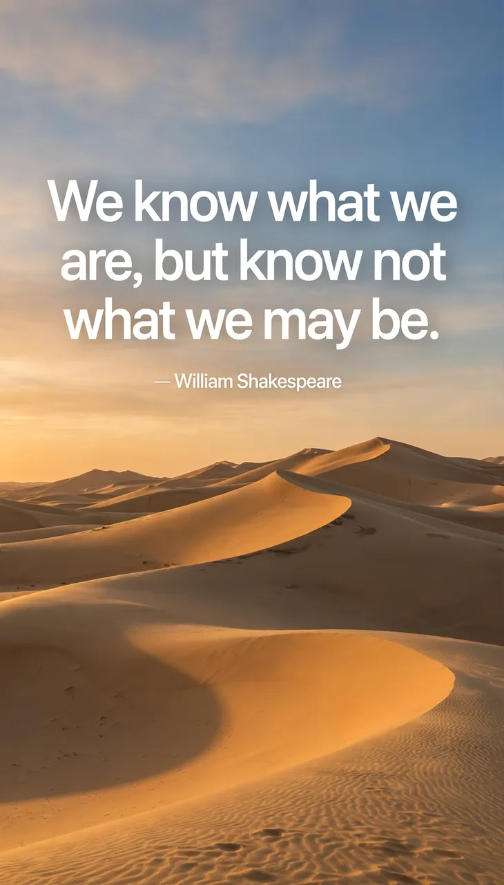 Shakespeare quote set over golden desert dunes at sunset, formatted as a vertical phone wallpaper